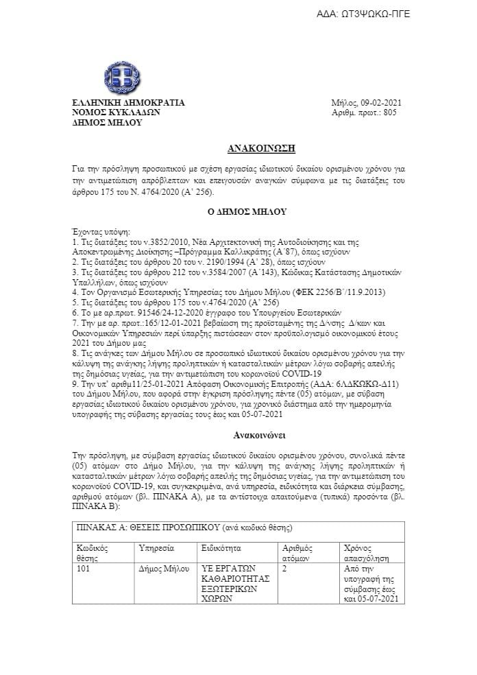 dimos milos proslhpseis 2021